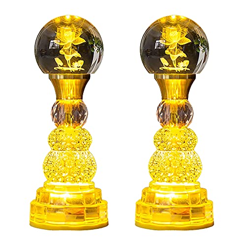 RAYWILL 蓮花 蓮華 仏花 蓮の花 仏具 蓮の花 ロータス 蓮 LED クリスタル 7色変化 はすはな 仏壇 仏具 仏前 法事 法要 お盆 命日 おしゃれ 盆飾り (蓮華+葉(球型)-M, 2)