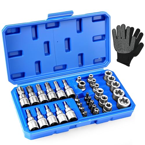 Ghekkli 34 Pièces Coffret Professionnel Douilles Torx Femelle/Mâle, Embouts Torx Étoile E4-E20 & T10-T60, Embouts en Acier S2, Pour Mécanique Auto,...