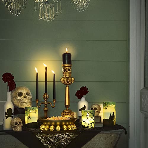 Image of GenSwin Halloween Candles Flameless with Remote Timer, Flameless Candles with Spider Web, Ghost, Castle Decals, 3 Pack Green Glass Battery Operated Candles with 3D Flickering Flame for Fall Decor