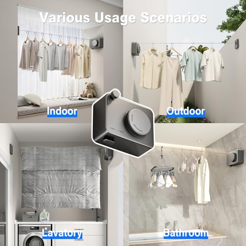 Image of MUSTORN Retractable Clothesline Indoor, Non-Sagging Outdoor Clothes Line Retracting Heavy Duty Clothes Drying Laundry Line Wall Mounted Stainless Steel Line-13.8 Feets(Gray)