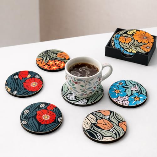 Image of Zesta Coasters for Cups Set of 6 / Wooden Coasters for Bar Accessories for Home /Tea Coaster Set of 6 / Waterproof Dining Table Decor Glass Cover (Black Floral, Circle)