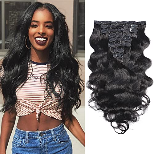 Clip In Human Hair Extensions Body Wave 100% Human Hair 8 pieces 120gram Grade 10A Color Natural Black (14")