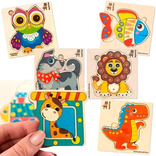 Wooden Puzzles Toys for Kids 1 2 3 Year Olds - 6 Toddler Jigsaws for Boys and Girls age 4 5 by QUOKKA - Children Games for Learning Animals - Educational Gift