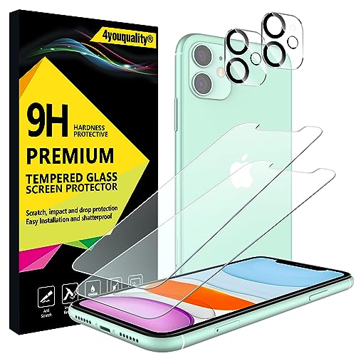 4youquality Lot de 2 films protecteurs d'écran 4 en 1 pour iPhone 11 avec protection d'objectif d'appareil photo, film en verre trempé, résistant aux chocs, anti-rayures et ultra transparent