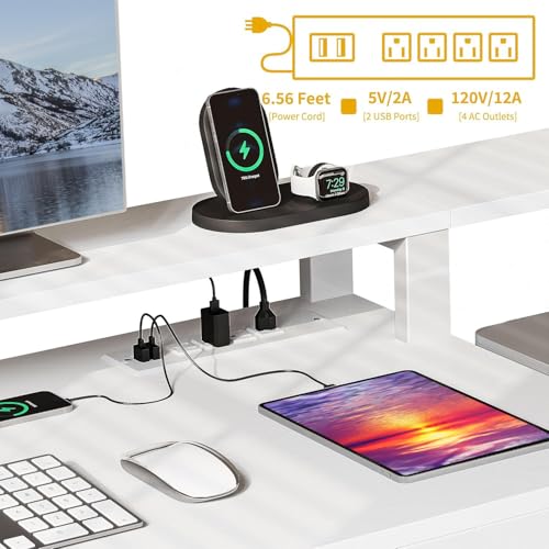 Image of DWVO L Shaped Desk with Drawers, 65 inch Computer Desk with Power Outlets & LED Lights, Corner Home Office Desk with Storage Shelves & Printer Stand, White