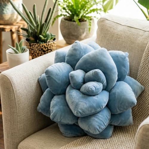 Image of Green Philosophy Co. Succulent Pillow 16 inch - Soft 3D Decorative Flower Throw Pillow, Unique Smokey Blue Plush Flower Cushion, Perfect for Couch, Sofa, Bedroom Decor, Gift for Plant Lovers