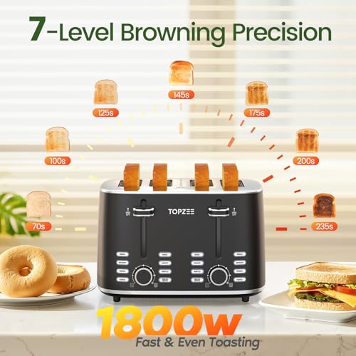 Image of Topzee Toaster 4 Slice, Wide Slot for Toasting Bagel Muffin Waffle Gluten Free Breads, 7 Shade Settings, Defrost & Reheat,Dual Control Panel, Stainless Steel, Easy Clean, Black