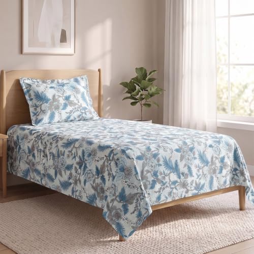 Image of LANE LINEN Symphony 100% Cotton 144TC Single Bedsheet Set, 2 Piece, Printed | Printed 2-Piece Set With 1 Single Flat Bedsheet (1.52 x 2.29 M), 1 Pillow Cover, 144 TC, Soft & Breathable Cotton