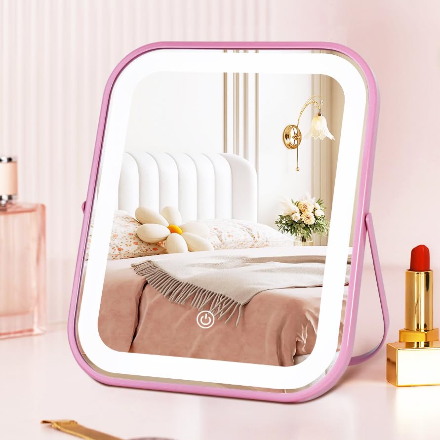 YEKKOPT Pink Rechargeable Vanity Mirror with Lights LED Makeup Mirror 108 Lighted Makeup Mirror with Lights Smart Touch Control Dimmable 3 Modes Light Lighted Up Mirror for Makeup Desk Bedroom