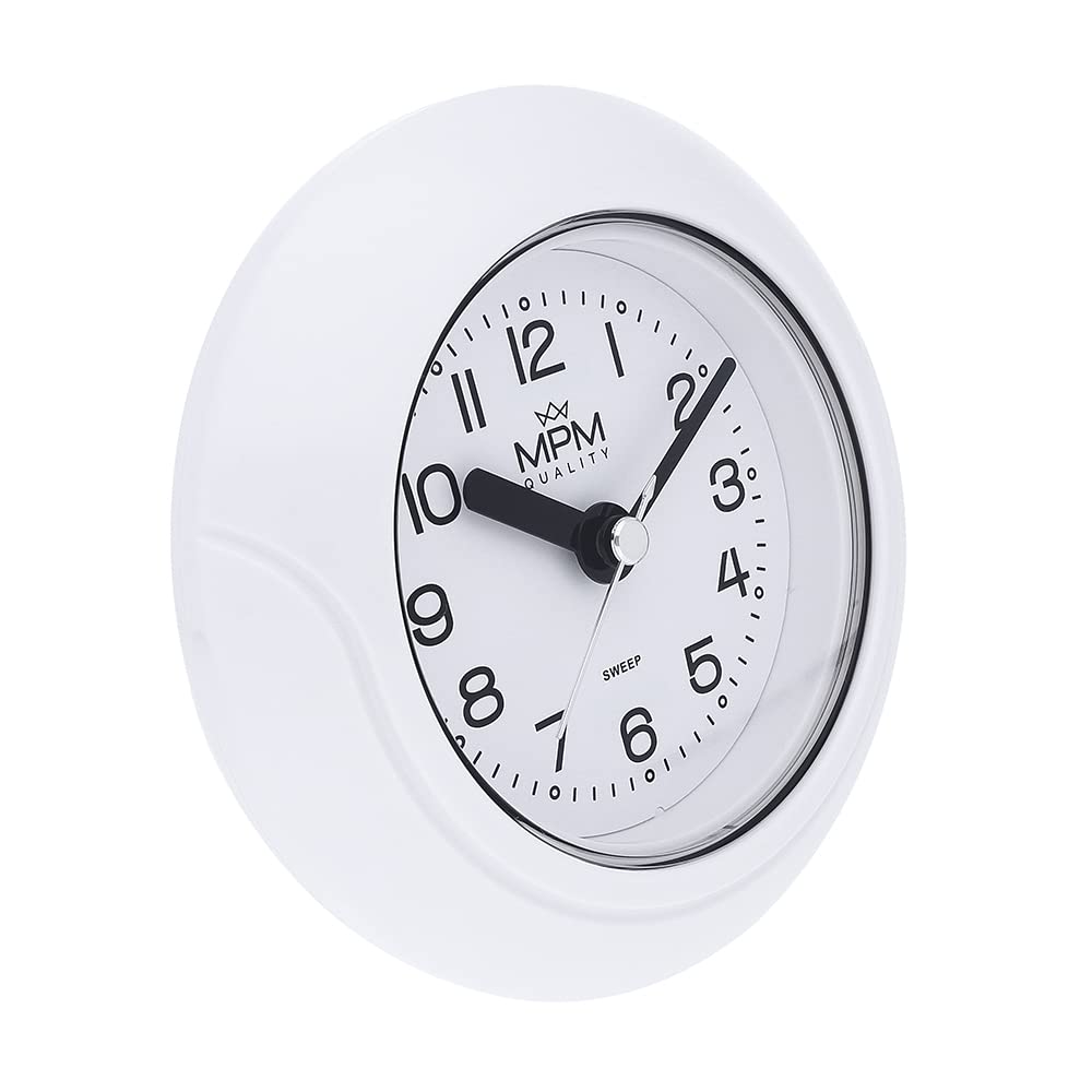 MPM Quality Design Badezimmer-Uhr aus Kunstoff, Quarz-Uhrwerk Sweep, 3-5 ATM Wasserdicht, Weiß, Ø 135 mm, geeignet auch für Außenbereich und als Badezimmeruhr, Pooluhr, Küchenuhr