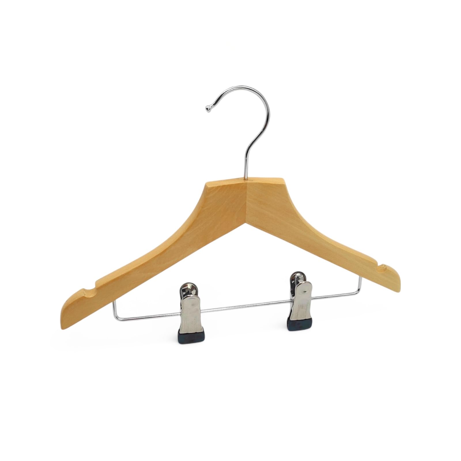 10x Kids Oak Wooden Hangers 30cm with Metal Clips – Children’s Clothes Hanger for Skirts, Trousers & Suits, Adjustable Chrome Clips, 360° Swivel Hook, Space-Saving