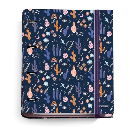Miquelrius   Carpebloc A4, Carpeta archivador con 4 anillas + Recambio 100 hojas de 70 g/m² con cuadrícula de 5 mm, Cierre con goma, Colección Desert