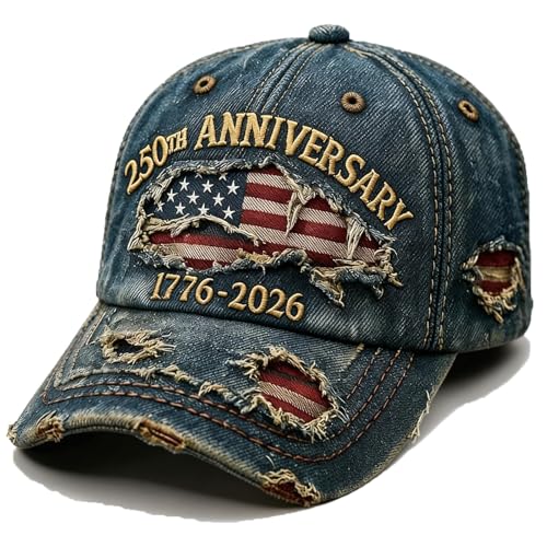 WIKFZRO 250 Anniversary USA Hat Distressed Embroidered Casual USA Baseball Cap Retro Patriotic Adjustable Freedom Cap for Men Women Blue