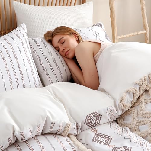Image of MOVE OVER 100% Cotton Tufted Duvet Cover Set Queen 3 Pieces Beige Boho Chic Farmhouse Bedding Set with Zipper Closure and Ties Western Aztec Comforter Cover All Seasons