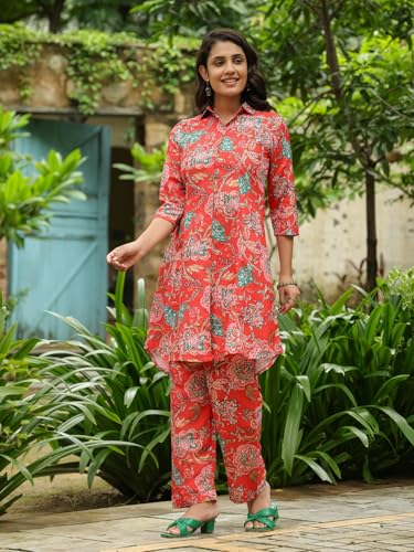 Image of LERIYA FASHION Anarkali Kurta-Set for Women - Viscose Rayon Printed Kurta & Straight Pant | 3 /4 Sleeve Trendy Summer Travel Outfit | Festive Indian Traditional Outfit for Functions & Puja | Picnic | Vacation Wear