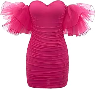 Women's Off Shoulder Puff Sleeve Prom Mesh Dress Ruched Cocktail Bodycon Party Elegant Mini Dresses - Buy now