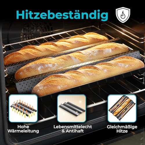 Foto von Krollmann Baguette Backblech mit Antihaftbeschichtung – Perforierte Baguette-Backform mit 3 Mulden – 38×24×2,5 cm Schwarz – Knuspriges Brot & Brötchen Backformen für Zuhause