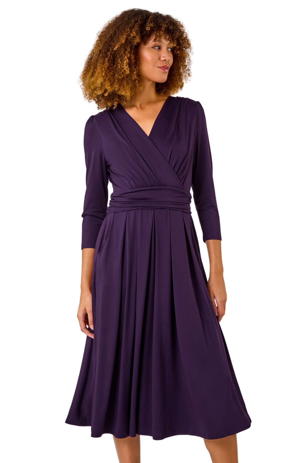 Roman Women's Purple Mock Wrap V-Neck Stretch Midi Dress In | : Size 14