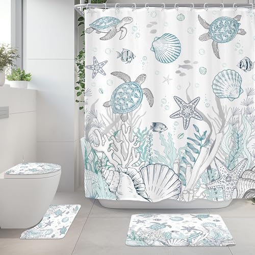 Riyidecor Beach Sea Turtle 4Pcs Bathroom Shower Curtain Sets Ocean