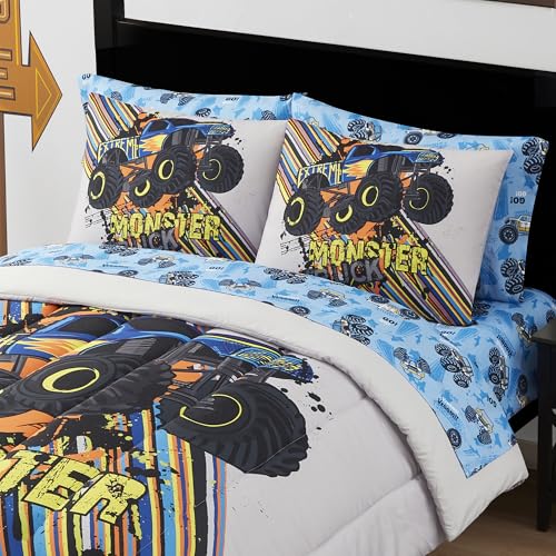 Image of Kids Bedding Set Bed in a Bag for Boys and Girls Toddlers Printed Sheet Set and Comforter, Full, Monster Truck