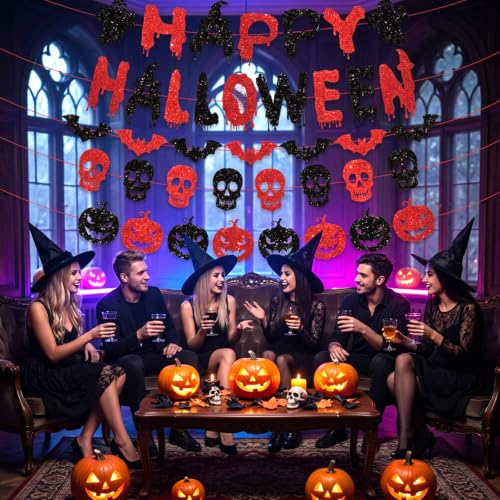 Happy Halloween Banner, Goth Black Red Ghost Bat Skull Pumpkin Decorations | 5 Pcs Pre-strung halloween banner, sparkling glitter cardstock paper, witch hat, home indoor decor - image 3