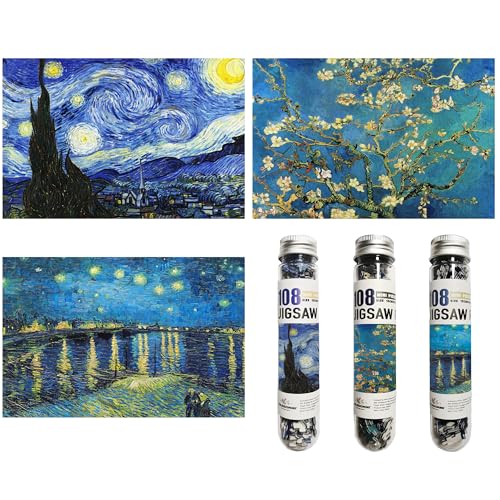 Rompecabezas Kaleidomini de 108 piezas para adultos - Serie de pinturas al óleo de Van Gogh (La noche estrellada, Floración de almendros, Noche estrellada sobre el Ródano), 3 paquetes, rompecabezas miniatura de 6 x 4 pulgadas miniatura 1