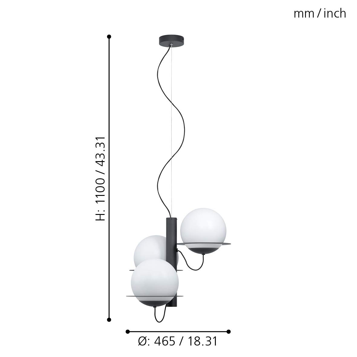 EGLO lampada a sospensione Sabalete, 3 luci, design moderno, acciaio | e vetro nero, bianco opalino, per tavolo da pranzo e soggiorno, portalampada E27