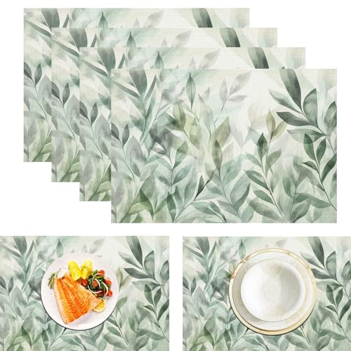 Manteles Individuales Juego de 6, Lavables Lino Salvamanteles Individuales, 30×45cm, Resistentes al Calor Duradero para Decoración de Mesa Cocina Restaurante, Acuarela Hojas Verdes