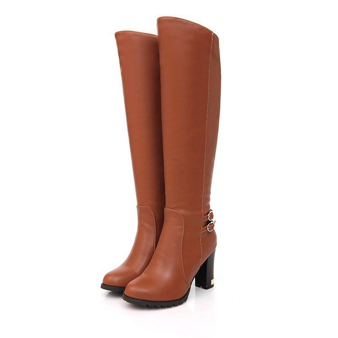 Inornever Womens Knee High Riding Boots Leather Chunky High Heel Engineer Side Zipper Tall Dress Boots