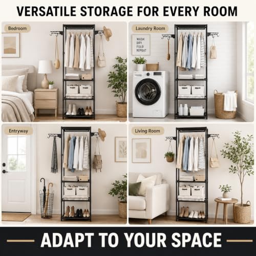 Image of AARKRI SALES 3-Tier Clothes Rack with Wheels, Double Hanging Rod Garment Rack, Multi-Layer Shoe Storage Organizer, Heavy Duty Metal Frame with Hooks for Bedroom Entryway (Black Garment Rack)