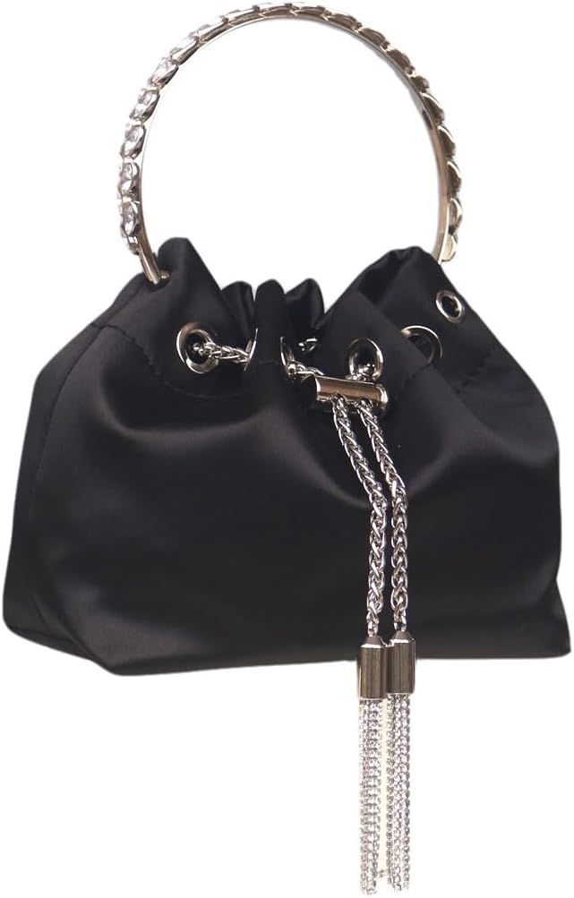 crystal handle evening handbag, white satin with silver tassels, women's drawstring bucket handbag