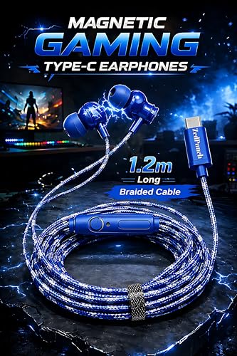 Image of Type-C Wired Earphone with Mic, 10mm Dynamic Bass Driver, Magnetic in-Ear Headphones, Metal Build, Low Latency Sound for Gaming, 3 Button Control, HD Calling, Voice Assistant (Dark Blue)