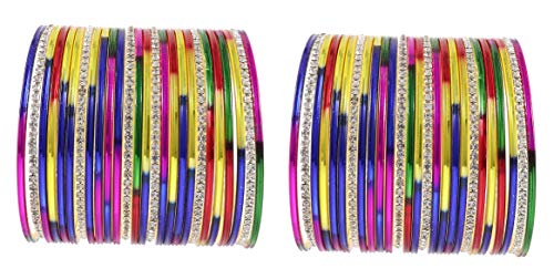 ZULKA Non-Precious Metal Base Metal with Zircon Gemstone Studded worked Glossy Finished Bangle Set For Women and Girls, (MultiColour_2.4 Inches), Pack Of 52 Bangle Set Deal