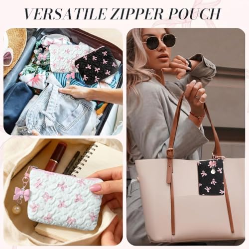 Image of MAYCREATE 2PCS Fashion Makeup Bag Set Textured Embossed Zipper Cosmetic Pouches with Sweet Bow Print & Faux Pearl Bow Charm, Portable Toiletry Organizer for Travel, Purse & Daily Use, 14x12cm