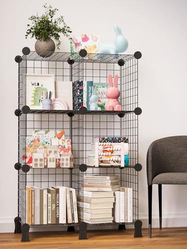 Image of BOXJOY 6 Shelf Metal Grid Open Book Shelf & Showcase Rack for Living Room Display with Bottom Stand | DIY Modular Bookshelf Organizer for Home Bedroom Office | Cabinet Organiser Self Storage (Black)