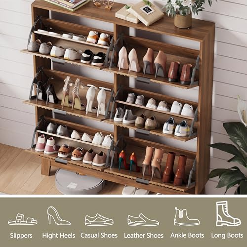 Image of Shoe Cabinet Storage for Entryway with 6 Flip Drawers, Fluted Narrow Shoe Organizer with Wooden Legs, Freestanding Slim Shoe Storage Hidden Shoe Rack Organizer for Front Door Entrance, Walnut
