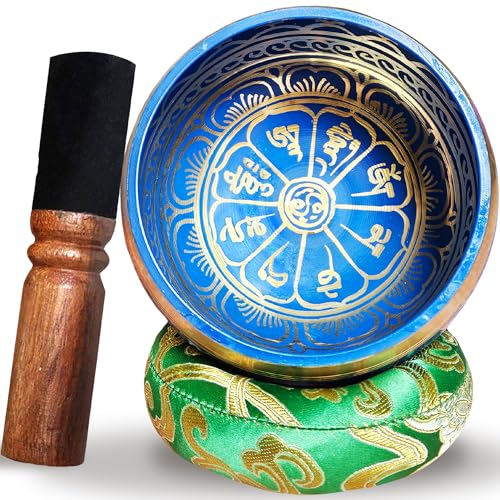 Bol Tibétain Artisanal, Fait Main au Népal - Coussin, Maillet en bois, Boite Lokta - Méditation - Relaxation - Décoration - Cadeau parfait (4', Bleu)