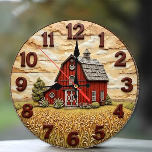 SEMARY Rustic Red Barn Farmhouse Wall Clock 2D Relief Decor