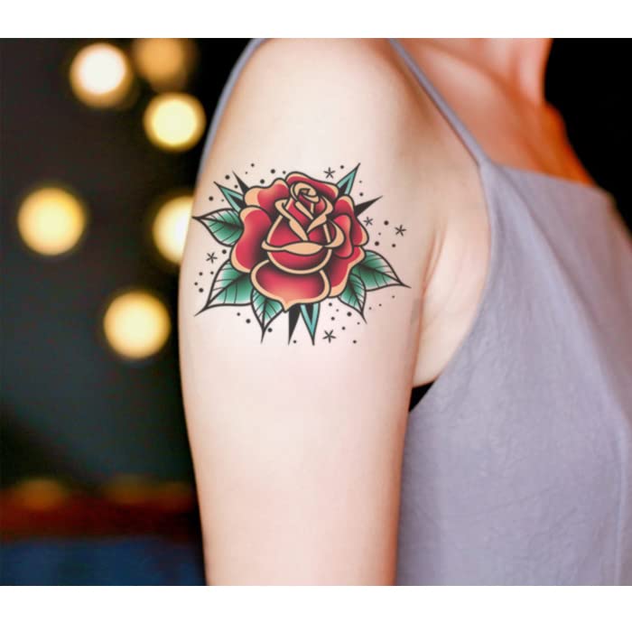 Oottati 4 Sheets Fake Waterproof Hand Back Temporary Tattoos Stickers, Halloween Color Red Flower Snake Bird Rose Lighthouse