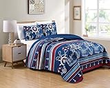 Luxury Home Collection 3 Piece King/California King Oversized Quilted Reversible Coverlet Bedspread Bedding Set Coastal Sailing Ships Anchors Blue White Red Striped
