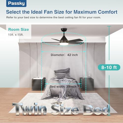 Image of Passky 42 Inch Black Sleek Ceiling Fans with Lights, Remote Control | 3-color dimmable light, quiet reversible DC motor, easy install, memory, Timer, bedroom, covered outdoor areas