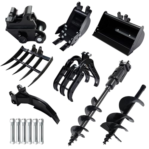 MMS Mini Excavator Attachments with 7.87 Narrow Bucket Quick Coupler Ripper Rake Grapple 8 Auger 12 Auger Drill Rod 23.62 Flat Buckets 8-in-1 Excavator Accessories Kit US Stock