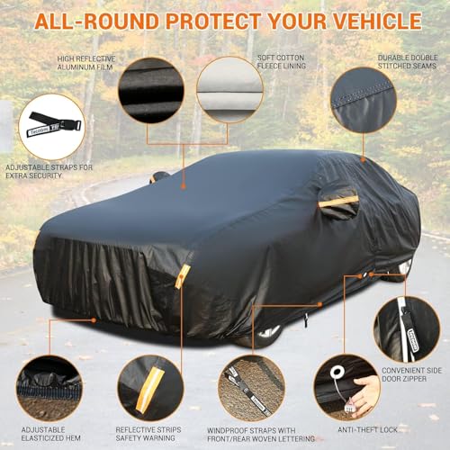 Image of Tecoom All Weather Car Cover Waterproof Windproof Hail Protector with Fleece Lining & Zipper Door, UV Sun Protection, Fit for Sedan (170 inch-190 inch), Black