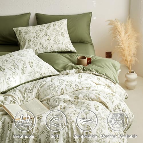 Image of BOLINLIVING Floral Duvet Cover Full Size, Green Botanical Duvet Cover Set with 2 Pillowcases, Breathable Soft Microfiber Bedding Set for All Season with Zipper Closure and 8 Corner Ties