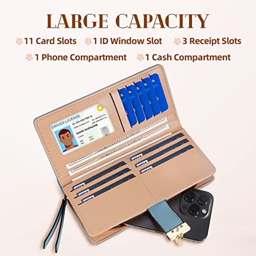 Sweet Cute Chocolate Women's Long Leaf Bifold Wallet Leather Card Holder Purse Zipper Buckle Elegant Clutch Wallet Handbag for Women-Blue - Thumbnail 2