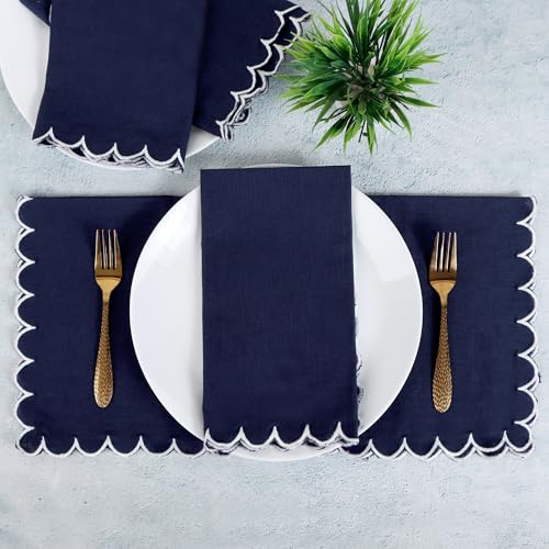 Image of FINGERCRAFT Scallop Edge Cloth Napkins | Set of 6 | 20x20 Inches | 100% Cotton | Table Napkins for Any Occasion | Washable, Perfect for Parties and Everyday Use (Navy Slub, Set of 6)