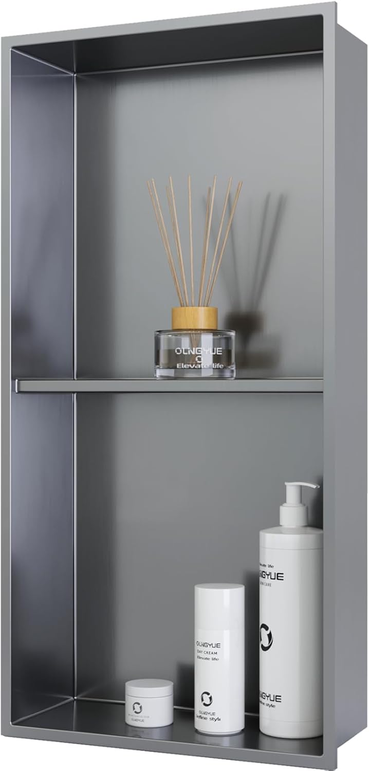 12x24 Bathroom Shower Niche Shelf: Double Layer Stainless Steel No Tile Needed - Recessed Wall Niches Box for House Decoration - Brushed Nickel
