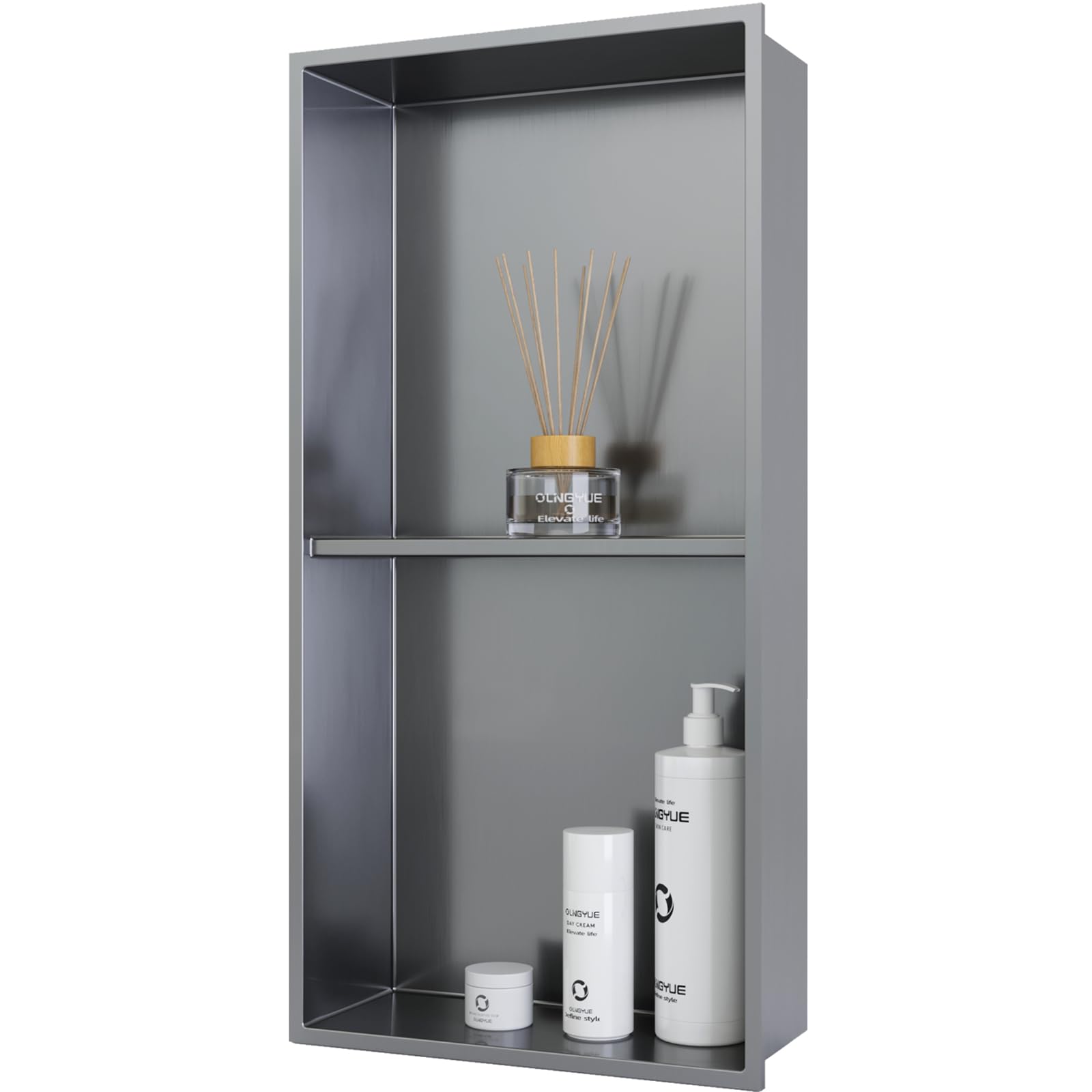 12"x24" Bathroom Shower Niche Shelf: Double Layer Stainless Steel No Tile Needed - Recessed Wall Niches Box for House Decoration - Brushed Nickel