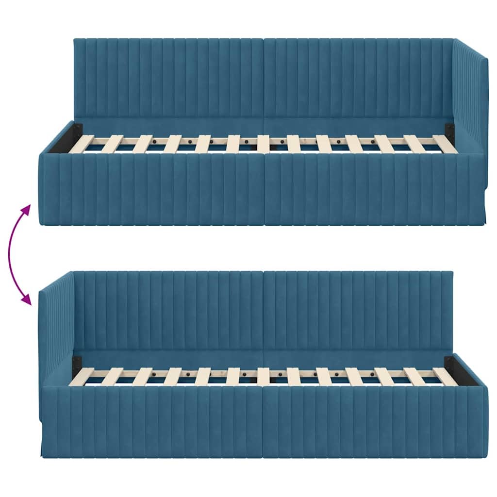 vidaXL Eckbettgestell mit Kopfteil Blau 90 cm x 190 cm Samt, Modernes Schlafzimmer mit vielseitigem Bett und Sofa, platzsparendem rechteckigen Tagesbett-Rahmen