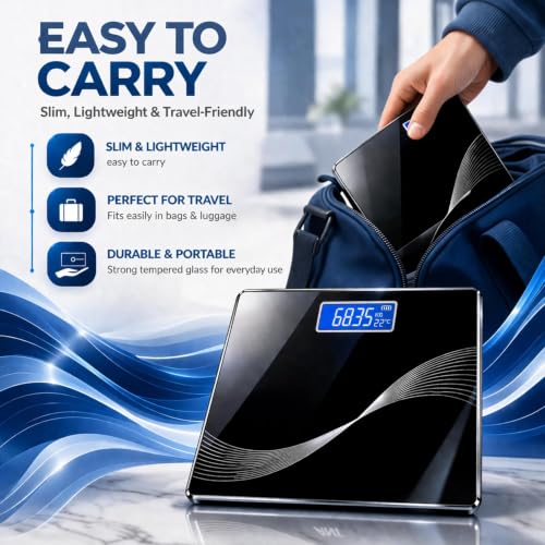 Image of Digital Body Weight Scale with LCD Display, Tempered Glass Platform, Floral Pattern, Accurate Bathroom Weighing Machine, Black (Flora Wave)